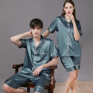 2023新款丝绸睡衣短袖短裤夏季女男士冰雪丝情侣家居服大码套装