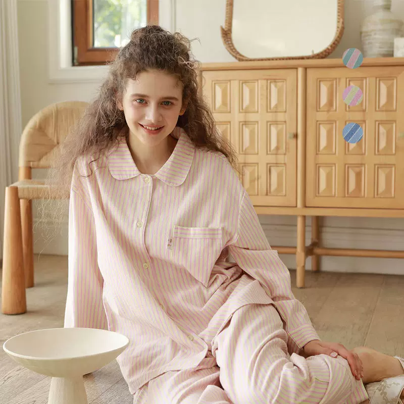 秋冬情侣款全棉磨毛翻领条纹印花家居服 温暖舒适长袖睡衣套装