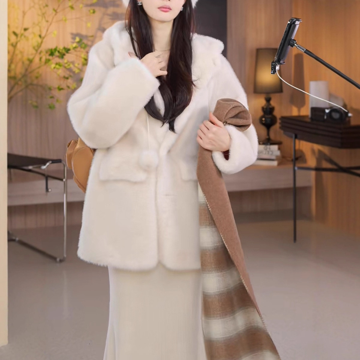 温暖牌小毛球环保皮草貂绒连帽外套女秋季可爱时尚毛绒开衫上衣