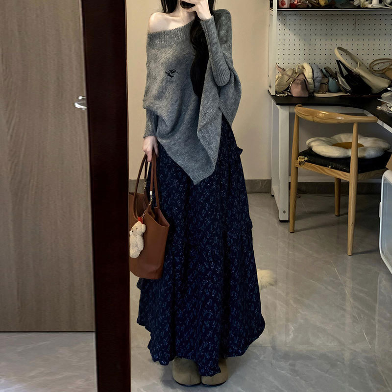 藏蓝色复古碎花半身裙女秋季2025新款高腰显瘦a字长款蛋糕蓬蓬裙|undefined