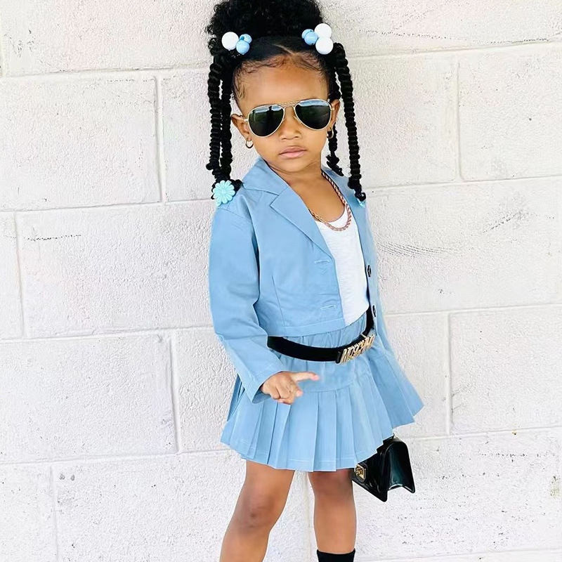 M8049 Amazon ins style foreign trade children's clothing 2023 new fashion casual long sleeve short cardigan skirt suit