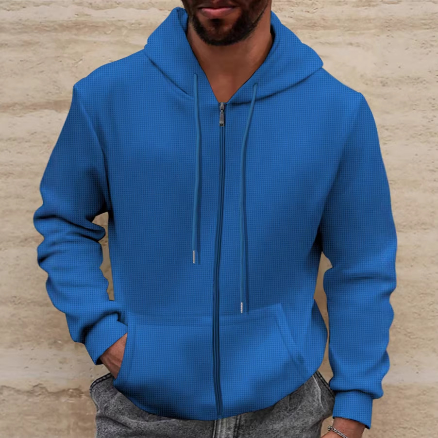 Men's Waffle Knit Hooded Zip Up Jacket For Spring And Autumn_voghion.com