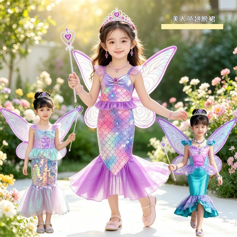 Girls' Mermaid New Style Birthday Sequin Wing Dress Girl Princess Dress Fashionable Performance Costume Girls' Mermaid New Style Birthday Sequin Wing Dress Girl Princess Dress Fashionable Performance Costume