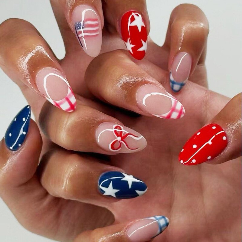 American Independence Day French-Style Nail Tips New Short Round Star Flag Press-On Nail Tips Bow Nail Art Tips