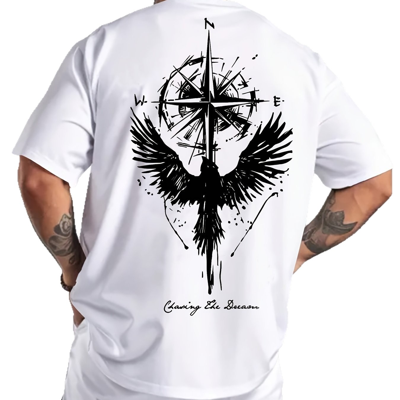 Men's Summer Pure Cotton Fashion Casual Loose Compass Map Bird Print Crew Neck Short Sleeve T Shirt_voghion.com