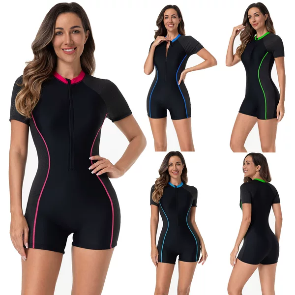 2026 Amazon New Style Surf Color-Block Short-Sleeve Conservative One-Piece Swimsuit for Women, Export European and American Style, Flat-Angle Zipper Swimwear