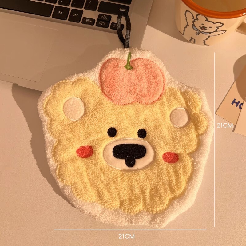 クリーム誕生日子犬ウサギキッチンコーラルベルベットハンドタオル漫画クマぶら下げ吸収性厚いハンカチ家庭用雑巾|undefined
