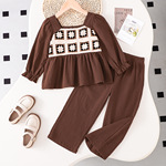 ins韩版女童装Younggirl秋冬季棕色绣花图腾方领长袖上衣长裤套装
