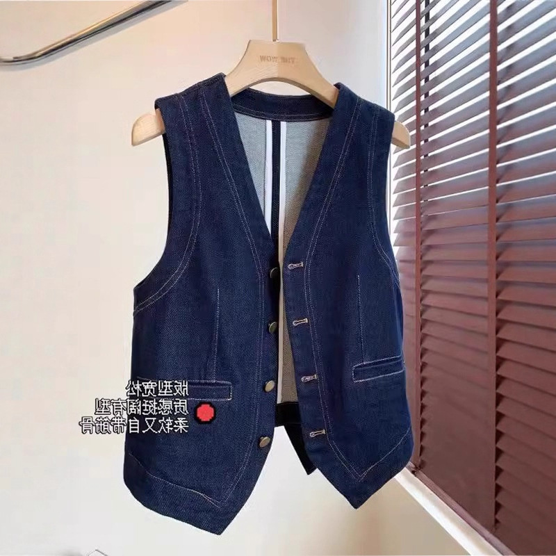 Summer New Style Sleeveless Jacket Vest V-Neck Retro Layered Fashionable Stylish Slim Denim Vest for Women A6446