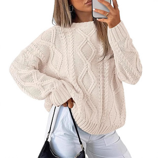 Cross-Border New European and American Solid Color Loose Casual Knitwear Amazon Autumn and Winter Round Neck Pullover Cable Knitwear for Women