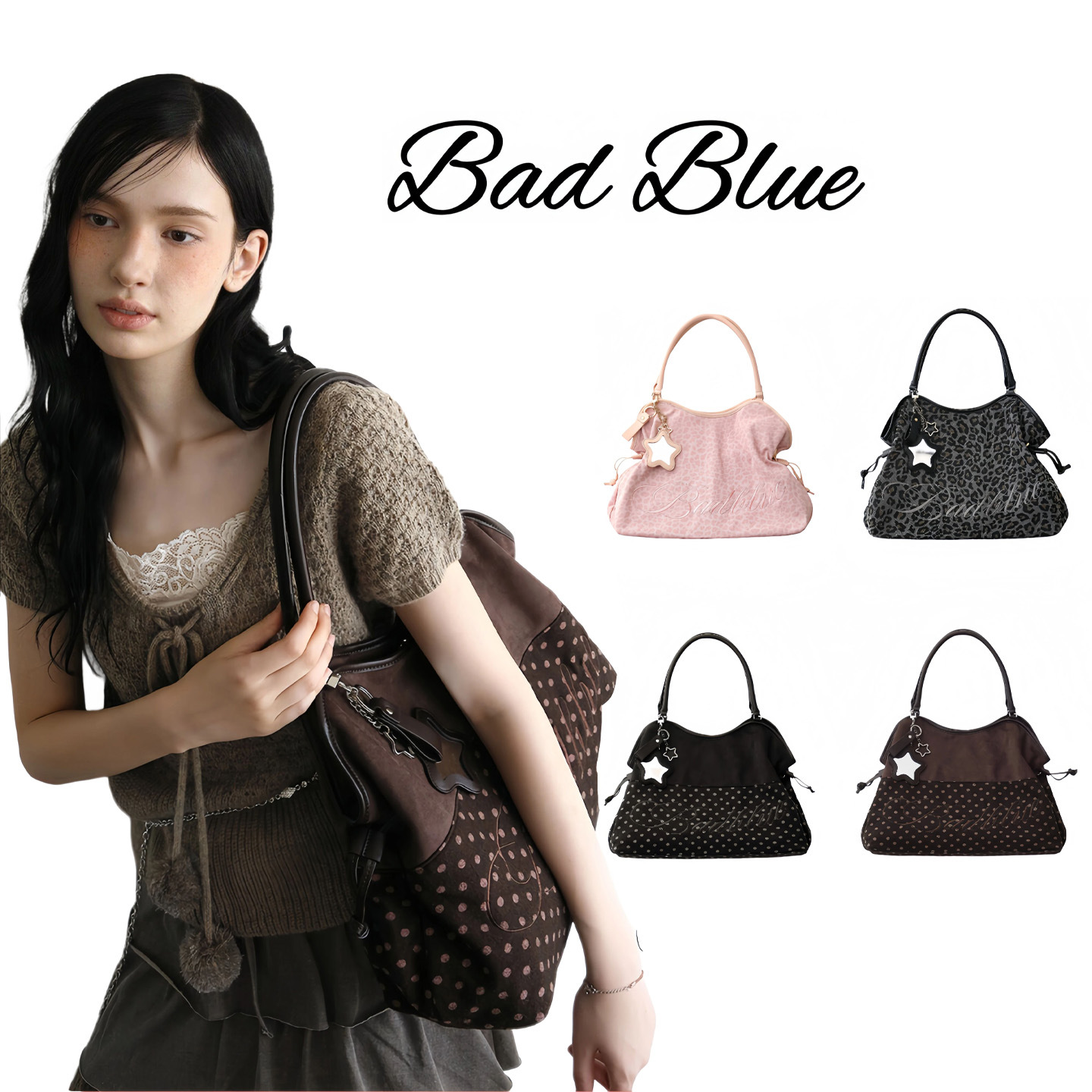 In-stock and ready to ship: New Korean BadBlue embroidered leopard print tote bag with star mirror pendant, sweet shoulder bag