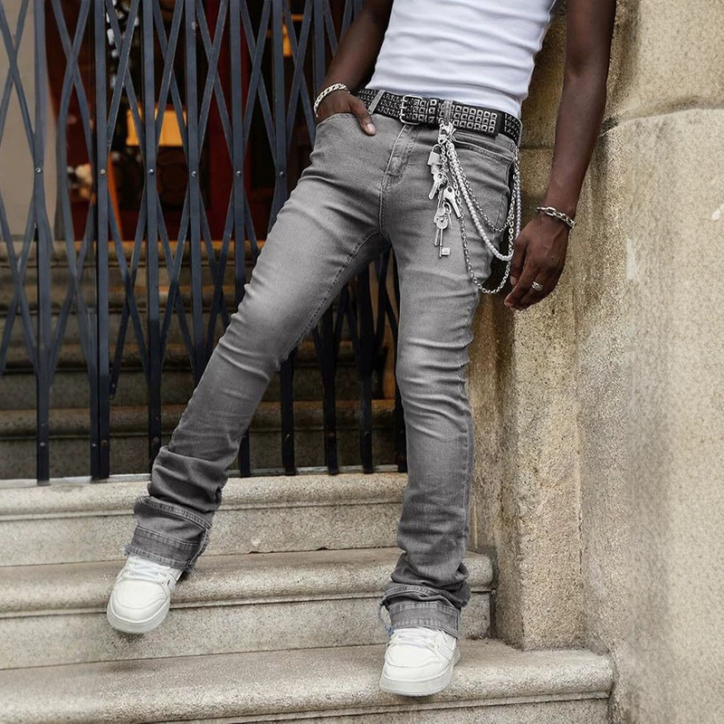 Men's Stretchy Slim-Fit Layered Jeans with Raw Hem Flared Denim Straight-Leg Skinny Jeans