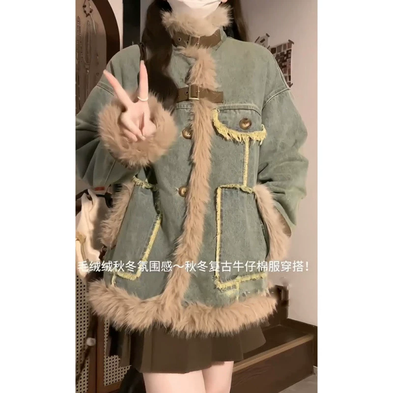 Джинсовая зимняя теплая ретро-куртка, oversize, стиль высокого качества