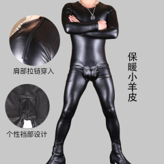 魅色春季保暖男连体内衣NQ08弹性PU皮革修身纯色内衣套装美体