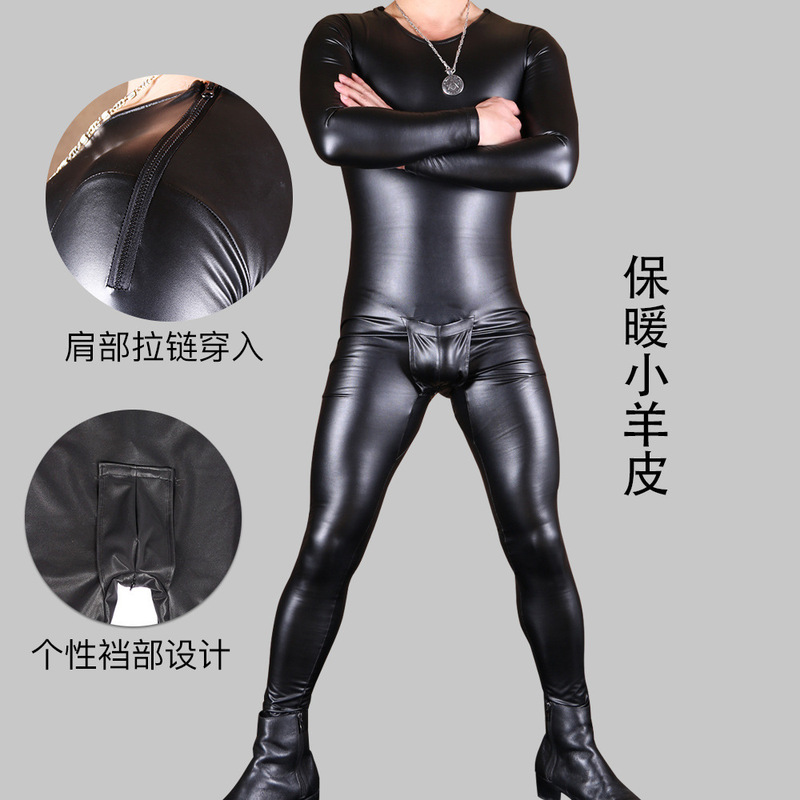 Charming Spring Warm Men's One-Piece Underwear Nq08 Elastic Pu Leather Slim Solid Color Underwear Set Body Shaping Charming Spring Warm Men's One-Piece Underwear Nq08 Elastic Pu Leather Slim Solid Color Underwear Set Body Shaping