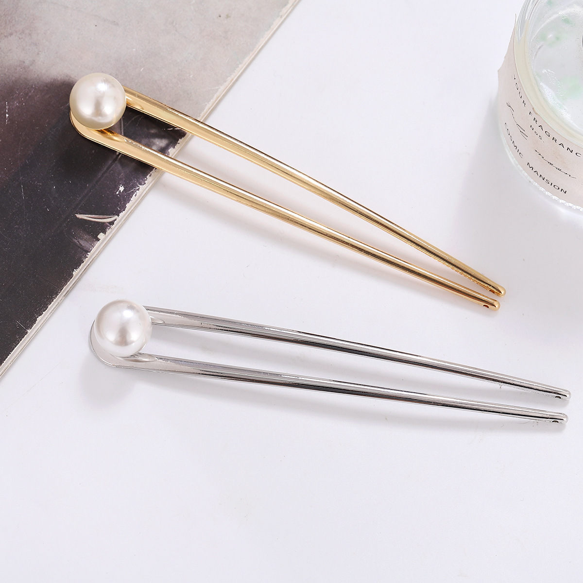 Venta caliente transfronteriza suministro de horquilla en forma de U Hanfu estilo antiguo palillos aleación incrustaciones perla horquilla accesorios para el cabello tenedor para el cabello al por mayor