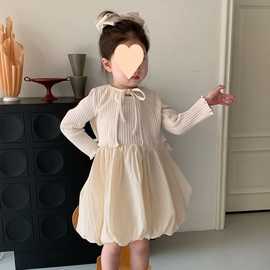 韩系色2023秋季女童连衣裙女宝宝两件套儿童花苞裙针织开衫套装