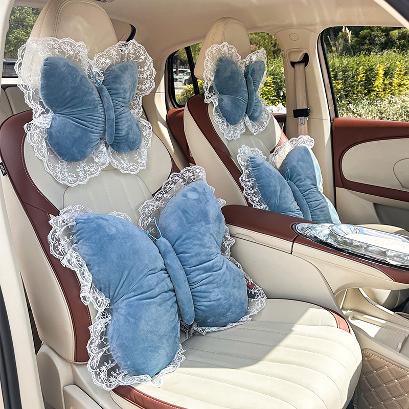 2026 New Car Accessories Plush Butterfly Headrest and Lumbar Support Pink Headrest and Lumbar Support