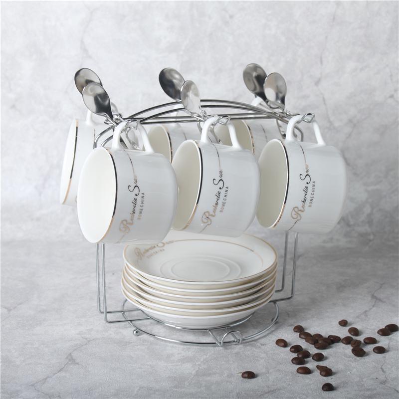 European-Style Ceramic Cup Set for Black Tea and Coffee, Creative and Simple Luxury Flower Tea Cups for Home Use, Includes Saucer, Spoon, and Stand