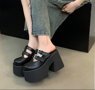 Cross-Border 2024 European and American Export New Women's Shoes Waterproof Platform Thick High Heels Platform Thick Sole Bag Leather Belt Buckle Sandals