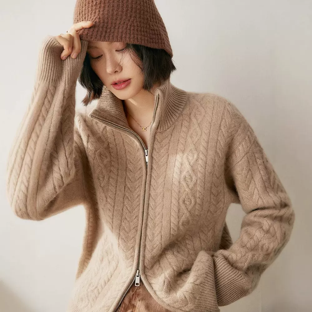 秋冬新款拉链立领羊绒开衫女山羊绒加厚宽松显瘦毛衣外套针织上衣