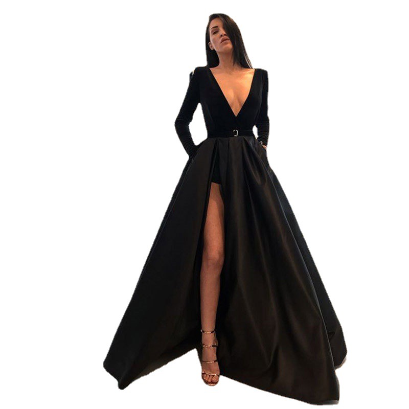 Vestido de noche de terciopelo para mujer, estilo europeo y americano, para comercio exterior, Amazon, AliExpress, Wish, con cuello en V y manga larga, para banquetes
