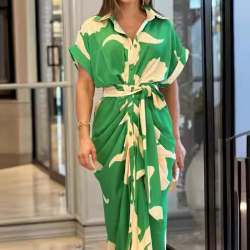 AliExpress Amazon 2023 Summer Single Breasted Midi Shirt Women Printed Short Sleeve Dress