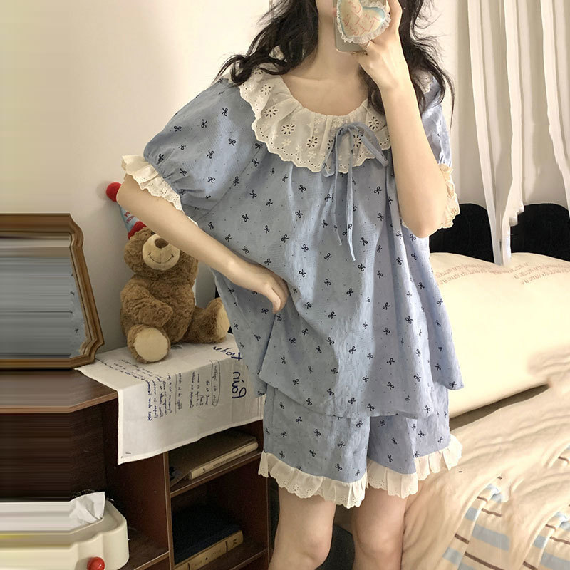 可爱撞色格子番茄睡衣女夏季新款甜美简约短袖短裤宽松家居服套装|undefined