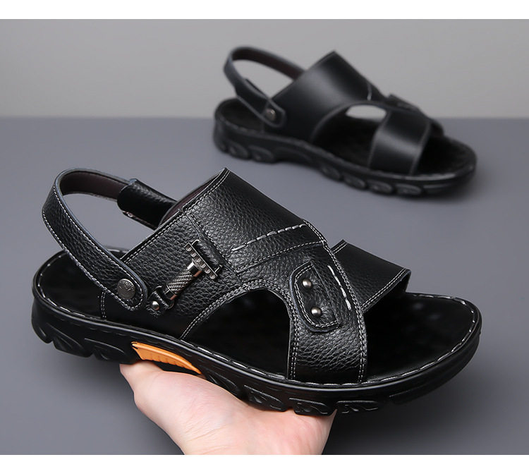 Dép sandal nam da bò thật quai ngang hở mũi, đế mềm chống trượt, đi biển và đi ngoài trời — GX màu nâu 23088, GX đen 23088 chi tiết 23