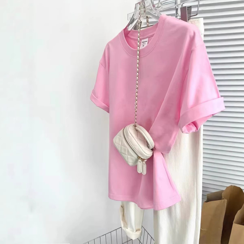 European-Style Cream Pink Short-Sleeve T-Shirt for Women, 2026 Summer New Style, Loose Fit, Pure Cotton, Round Neck, Casual Versatile Solid Color European-Style Cream Pink Short-Sleeve T-Shirt for Women, 2026 Summer New Style, Loose Fit, Pure Cotton, Round Neck, Casual Versatile Solid Color