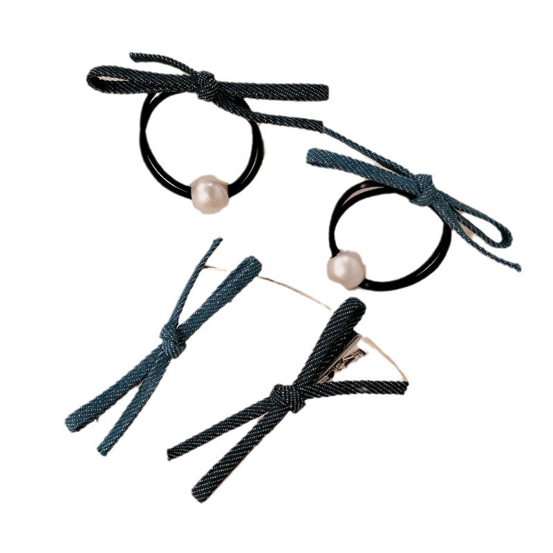 Jeans azul arco anillo de cabello de perla cabeza cuerda de cabello de cola de caballo chica detrás de la cabeza accesorios para el cabello de banda de goma