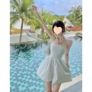 海边抹胸连体裤女高腰显瘦宽松阔腿短裤夏季新款大码连衣裙裤兔毛