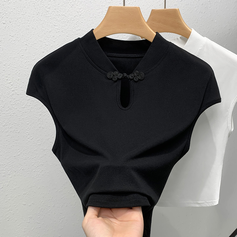 Camiseta de mangas cortas de botón de viento nacional para mujeres 2024 nueva ropa de mujer cuello vertical camiseta de color sólido camiseta de hombro de camisa china