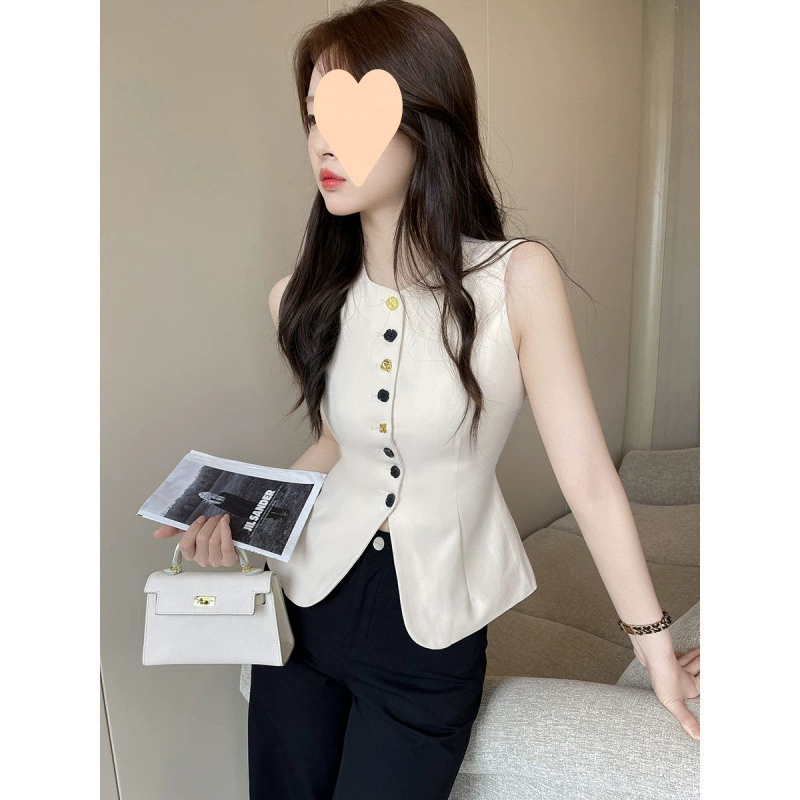 Французский белый тонкий жилет без рукавов с круглым вырезом для женщин, лето 2025, новый элегантный повседневный универсальный топ