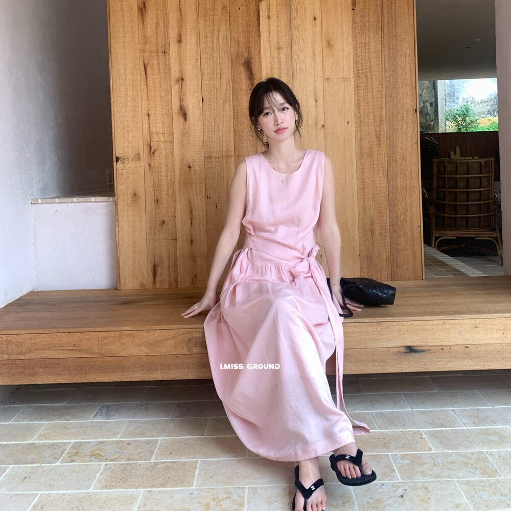 Đầm maxi nữ không tay chất liệu linen phong cách Hàn Quốc, thiết kế thắt eo dây rút, dáng dài thanh lịch — màu hồng, Vàng nhạtcolor, màu mơ, yến mạch
