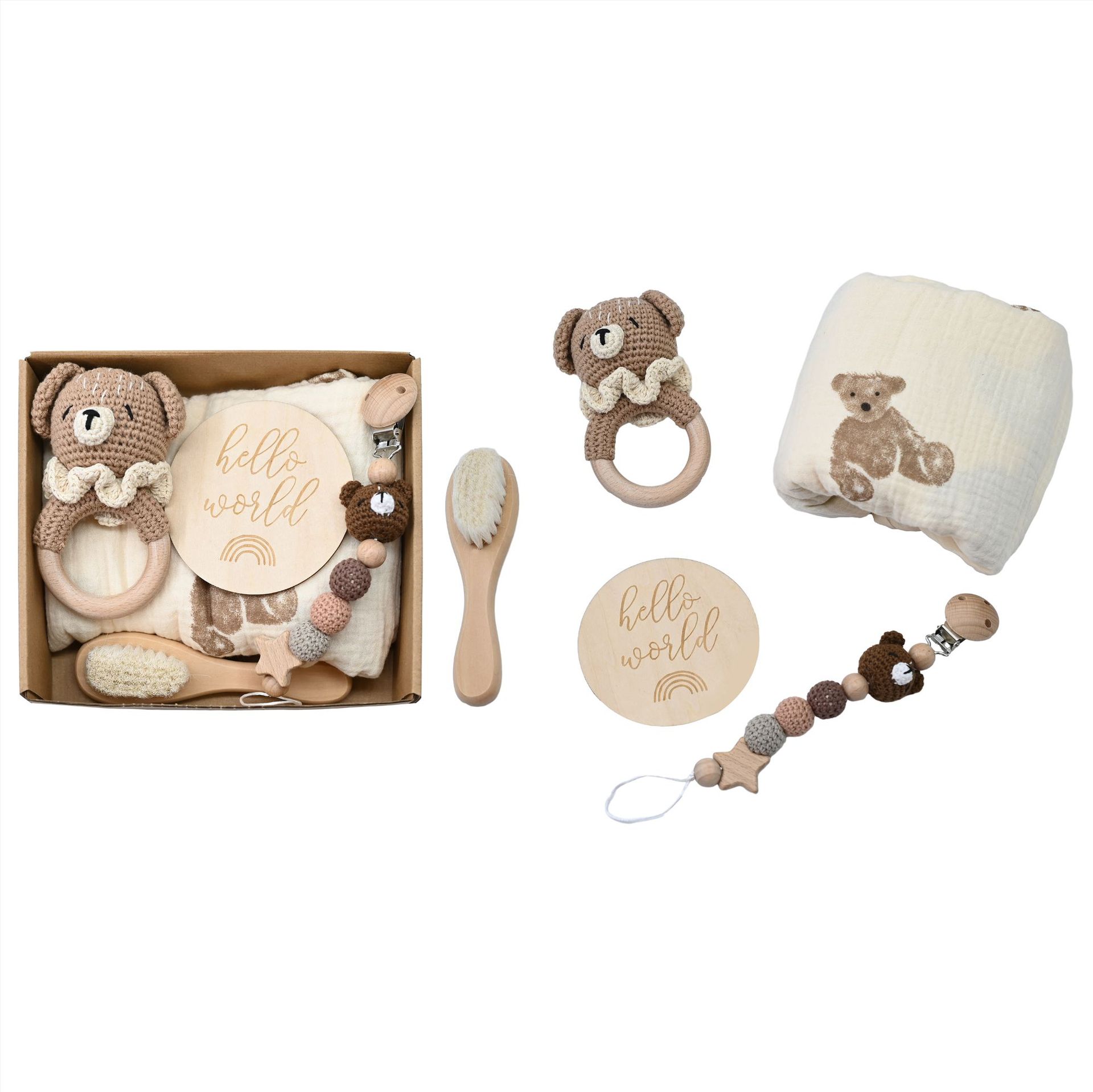Animales explosivos bebés crochet set de madera de campana caja de regalo de nacimiento tetina cadena bebés de luna llena regalo