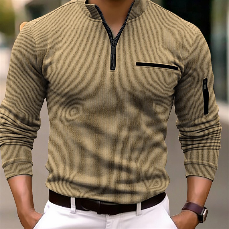 Foreign Trade Cross-Border European and American Autum Aliexpress Amazon Polo Shirt Arm Zipper Men's Stripesd Long-Sleeved Sports Top