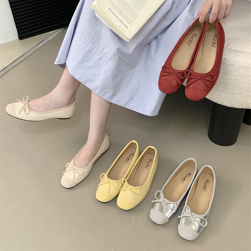 Inner Height-Increasing Silver-Colored Women's Shoes, 2026 New Spring/Summer Thick-Soled French-Style Bow Ballet Shoes