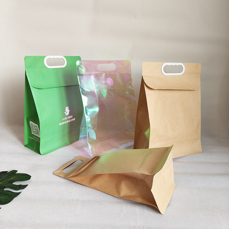 透明炫彩外卖奶茶甜品打包袋牛皮纸保温手提袋现货外卖袋现货批发