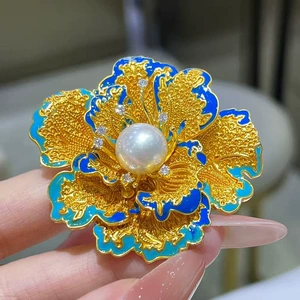 DIY Accessories Retro Chinese Style Peony Flower Brooch for Women Enamel Painted Fashion Versatile Pin Pearl Brooch Base