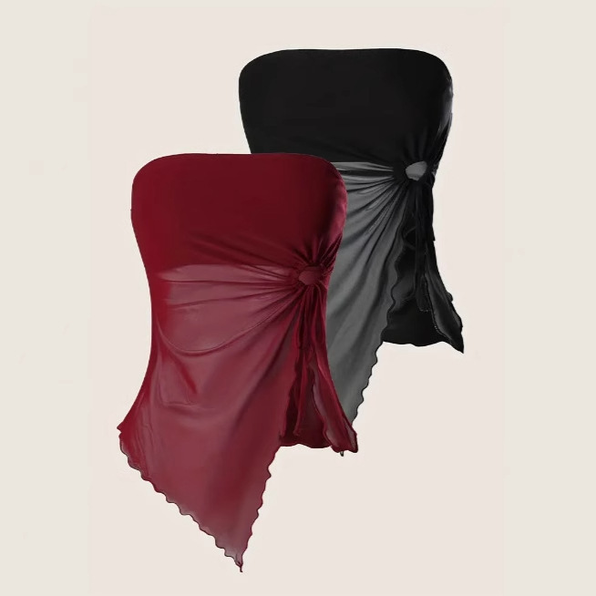 Cross-Border New Women's Fashion Sexy Off-Shoulder Sleeveless Mesh Tube Top with Irregular Hem and Ear-Shaped Drawstring Top