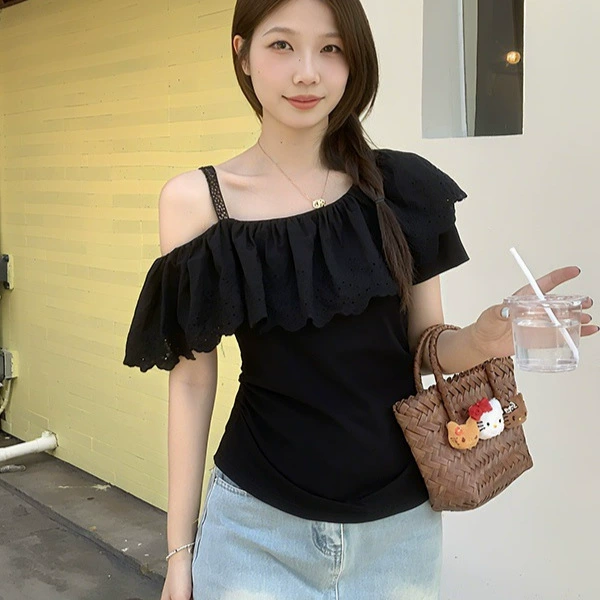 Летний топ 2025 года в стиле Pure Desire с открытыми плечами для женщин больших размеров, утягивающая футболка с короткими рукавами и рюшами для женщин больших размеров.