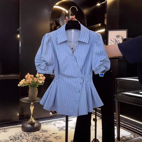 Design Stripe Short Sleeve Shirt Summer Plus Size Fat MM Waist Cinch Slimming V-Neck Shirt Puff Sleeve Half Sleeve Top 