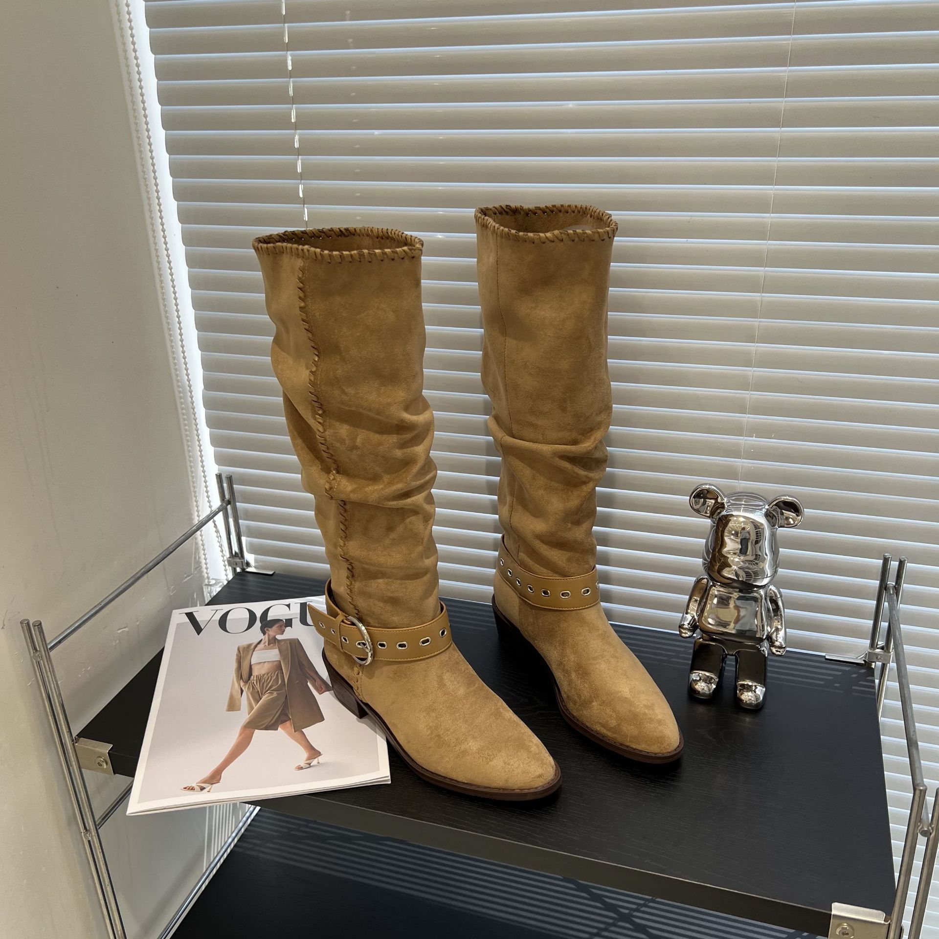 悦薇高品质女鞋时尚潮流粗跟西部靴复古百搭高筒靴子骑士靴长靴女