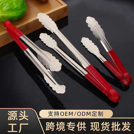 跨境外贸不锈钢梅花夹食物夹红胶柄防烫烧烤夹子自助餐烤肉牛排夹
