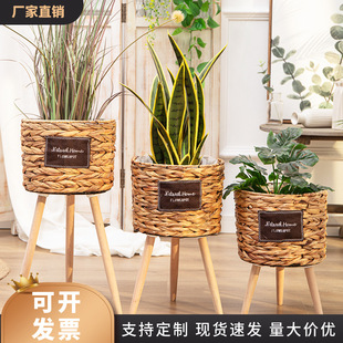 Woven Flower Pot Straw Woven Flower Basket Rattan Floor Wooden High Flower Rack Living Room Decoration Reed in stock Woven Flower Pot