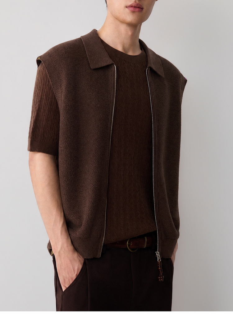 Áo gile len nam pha linen dáng cardigan khóa kéo phong cách công sở — đen chi tiết 23