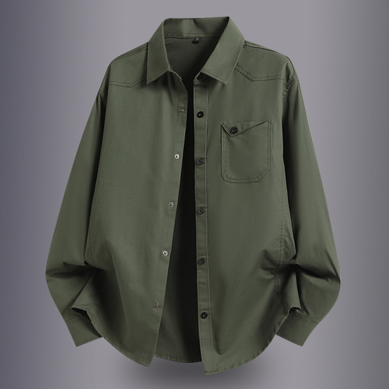 美式重磅长袖衬衫男士春秋纯棉高级感休闲纯色深灰色衬衣复古外套