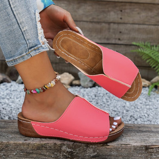 Cross-border European and American Foreign Trade Women's Shoes Comfortable Wedge Independent Station Slippers Simple plus size 2024 New Sandals for Women