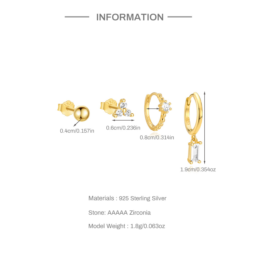 925 Sterling Silver Ear Needle Material 1 Set 925 Sterling Silver Zircon Geometric Earrings